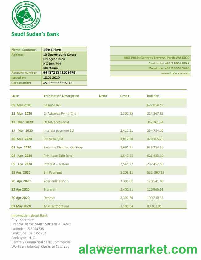 Sudan Saudi Sudanese Bank proof of address statement template in Word and PDF format